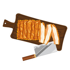 Set of vector illustrations, flat design, delicious food. Thai food. Crispy pork. Crispy fried pork belly. Cut into pieces on a cutting board Cooking from a top view Isolated from the background.