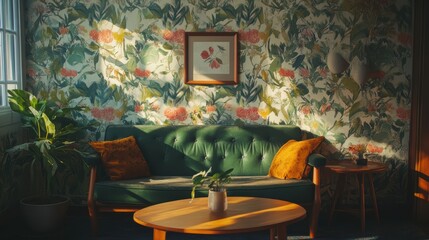 Art nouveau decorative wallpaper in cozy living room setting for interior design inspiration