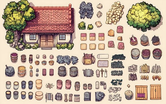 Top down RPG assets,   House, trees, barrels, crates, and other objects for game design.