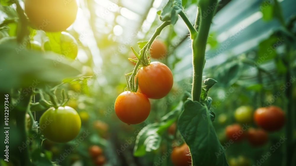 Sticker Close-up of Ripe Red Tomatoes Hanging on Vine in Greenhouse