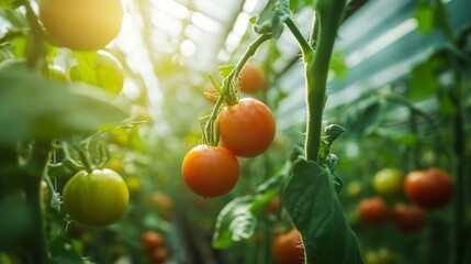 Close-up of Ripe Red Tomatoes Hanging on Vine in Greenhouse
