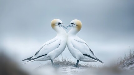 A pair of Northern gannets (Morus bassanus) greet each other in a heartwarming animal portrait. Captured on Heligoland, Lower Saxony, Germany, the image showcases the beauty