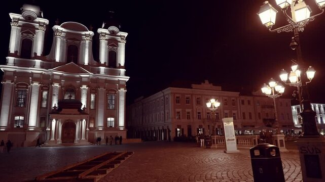 Piata Unirii, Timisoara, night, city, architecture, Romania, europe, building, history, cityscape, evening, church, cathedral, lightoject