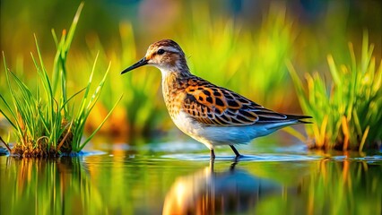 Little Stint Wading in Shallow Water Amidst Vibrant Green Marsh Grass in Natural Habitat Environment