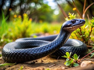 Fototapeta premium Long black snake slithering across the ground in a natural habitat during a sunny day in nature