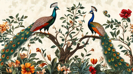 Illustration pattern of a mughal forest garden featuring peacocks parrots plants and botanical trees. Ottoman Palace. Illustration