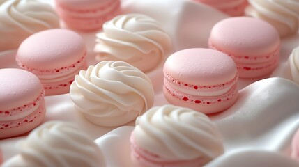 Fototapeta premium Close-up of pink and white macarons on a white silk background.