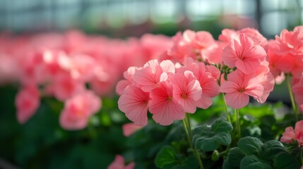 Fototapeta premium Delicate Pink Flowers in Bloom with Green Foliage
