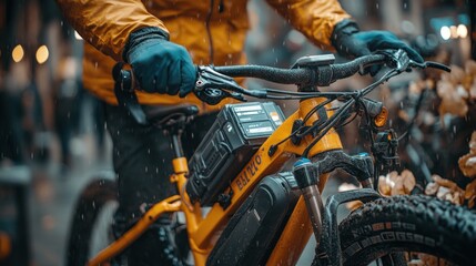 A close-up of a person's hands gripping the handlebars of a yellow electric bicycle in the rain.