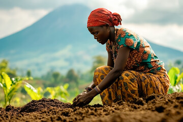 Young African woman planting seeds in a field. Life of rural women engaged in agriculture