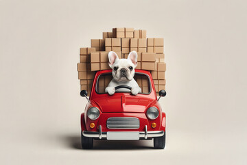French Bulldog driving a red toy car filled with stacked cardboard parcels. Whimsical scene with an overloaded vehicle, ideal for themes like shipping, delivery, or holiday humor