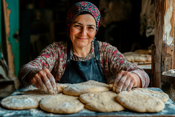 Middle aged Arab woman preparing traditional food - Tabun bread or flatbread. Close up of Arab woman's hands baking fresh dough for Tabun bread or Laffa. Rural women lifestyle