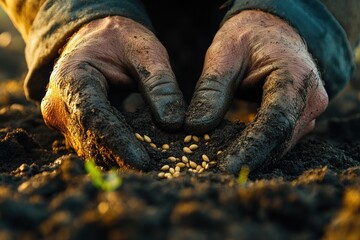 Obraz premium Close-up of a farmer's hands planting seeds in the soil.
