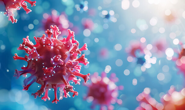 Close-up of virus particles floating in microscopic view, colored in pink and blue hues, representing pathogens or cells in biological environment - Powered by Adobe