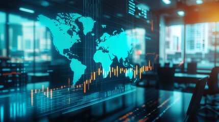 Abstract creative financial graph and world map on a modern furnished classroom background, financial and trading concept. Multiexposure 