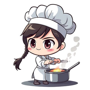 recommend clip art: Cute cartoon chef girl cooking food in the kitchen. Character design for children's book, restaurant logo, or food blog