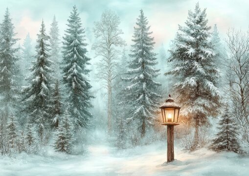 Enchanting Winter Wonderland Landscape with Snow-Covered Trees and Warmly Lit Vintage Street Lamp in Serene Forest Setting
