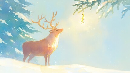 A Reindeer discovering a glowing mistletoe hanging from a snow-covered tree, the soft light creating a magical atmosphere, watercolor illustration