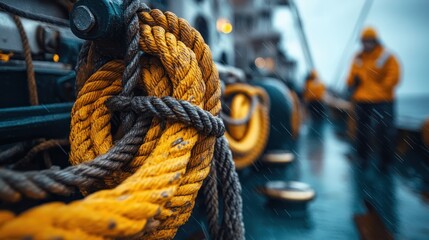 Close-up of a thick yellow rope tied to a cleat on a ship deck, with two blurry figures in the background.