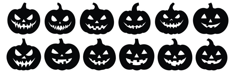 Pumpkin silhouettes set, halloween pack of vector silhouette design, isolated background.