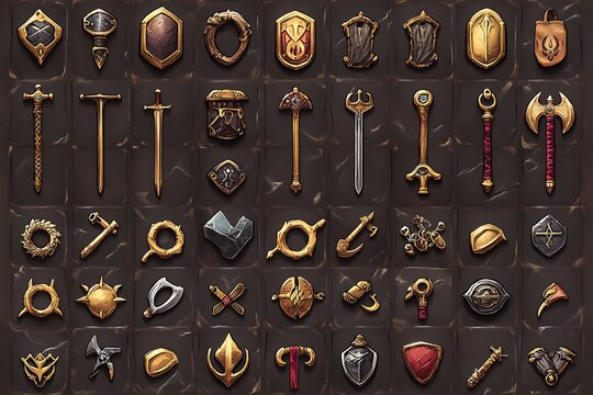 Set of Medieval Weapons and Shield Icons for Game Design