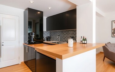 Modern kitchen interior with bar counter, black cabinets and wooden countertop.  A coffee machine stands on one side of it.	