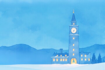 Silent clock tower at dusk, frozen bell, glowing snowflakes drifting by, watercolor illustration
