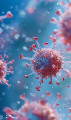 Close-up of virus particles floating in microscopic view, colored in pink and blue hues, representing pathogens or cells in biological environment