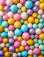 Obraz premium Many bright random pastel colored soft balls background. Colorful balls background for kids zone or children's playroom. Top view of huge pile of colorful balls in different sizes. Vector illustration