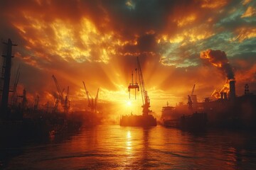 Fototapeta premium A silhouette of a harbor with cranes and ships against a fiery sunset.