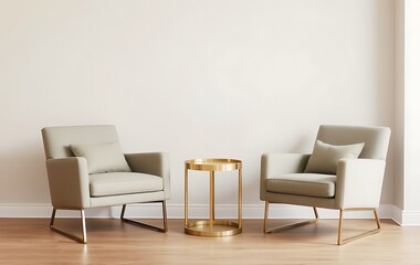 Fototapeta premium Modern interior with armchairs and brass side table against wall background. Minimalist home design. 