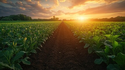 A scenic view of a field of crops at sunset with the sun setting behind the rows of plants and casting a warm golden glow over the landscape.