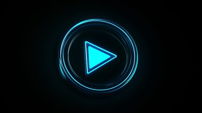 Animated neon play button in blue on a black background. The button is in a neon style, reminiscent of the start button on a computer. It represents technology and computers