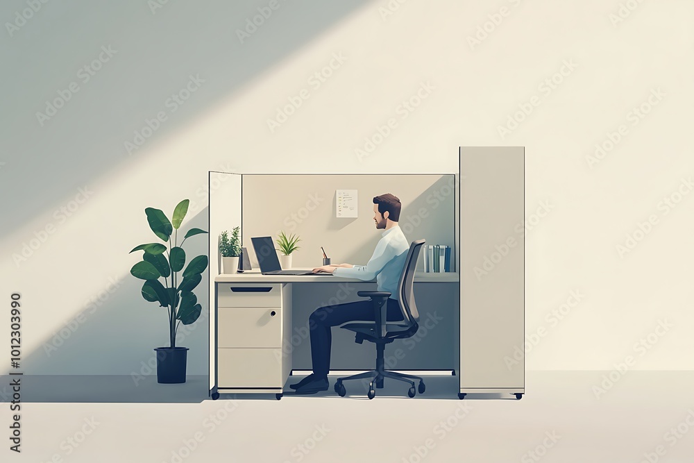 Canvas Prints Man Working at a Desk in a Modern Office with Sunlight