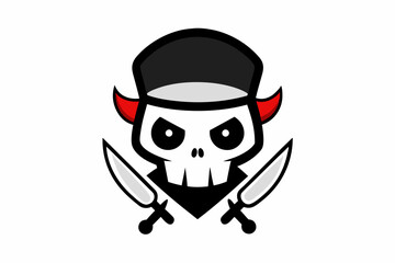 Skull in toque with knifes. Cartoon skull. Chef skull