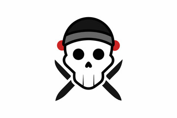 Skull in toque with knifes. Cartoon skull. Chef skull