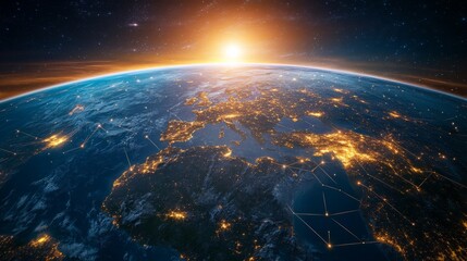 Global view of Earth with network connections, light trails over oceans and continents generative ai