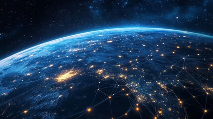 Global view of Earth with network connections, light trails over oceans and continents generative ai