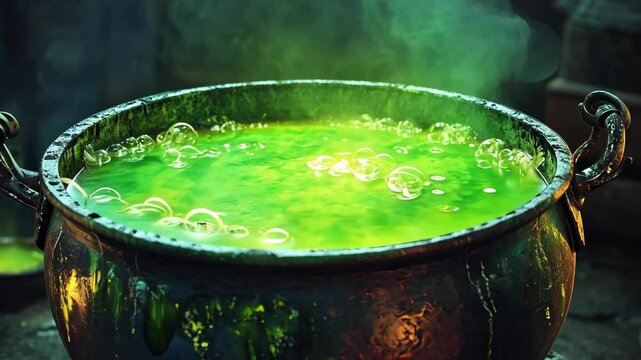 A cauldron filled with bubbling green liquid, steam rising from the surface, suggests a scene from a fantasy or horror film