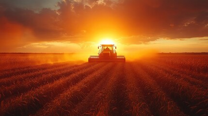 Fototapeta premium A tractor harvesting wheat at sunset, with dust kicking up behind it.