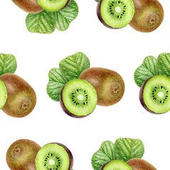 Fototapeta premium Seamless Watercolor Kiwi Fruit Pattern on White Background