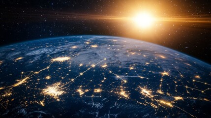 Global view of Earth with network connections, light trails over oceans and continents generative ai