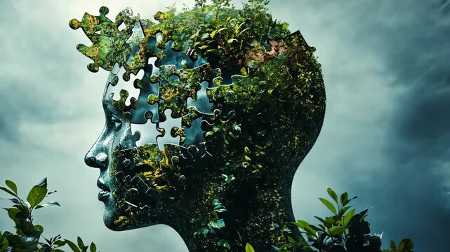 A metal sculpture of a head is covered in greenery and puzzle pieces, creating a surreal image of nature and thought