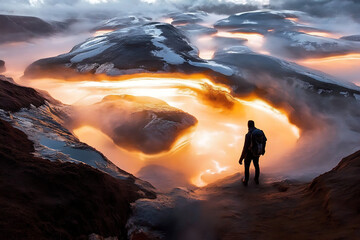 Obraz premium Solitude Amidst Ethereal Glow: A lone figure stands on a rocky precipice, gazing out at a surreal landscape of molten lava flowing beneath a blanket of mist and snow.