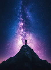 Fototapeta premium A man stands on the top of an isolated mountain peak, gazing at the vast expanse under a starry sky. 