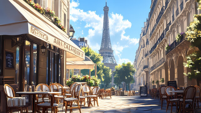 Parisian cafe vibes with a mix of wooden and white chairs, a white awning, and a tall tower in the background. Parisian Caf. Illustration