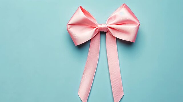 A pink satin bow sits on a blue background