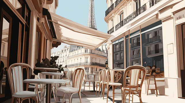 Parisian cafe vibes with a mix of wooden and white chairs, a white awning, and a tall tower in the background. Parisian Caf. Illustration