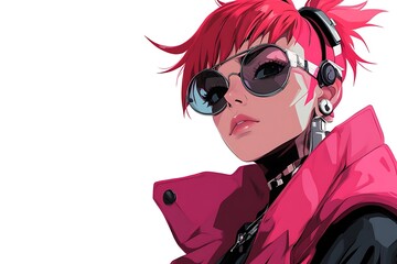 Cyberpunk girl with red hair and sunglasses in a futuristic style