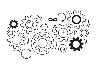 Gear wheel doodle. Hand drawn cogwheel mechanism. Technology concept planning, business goal